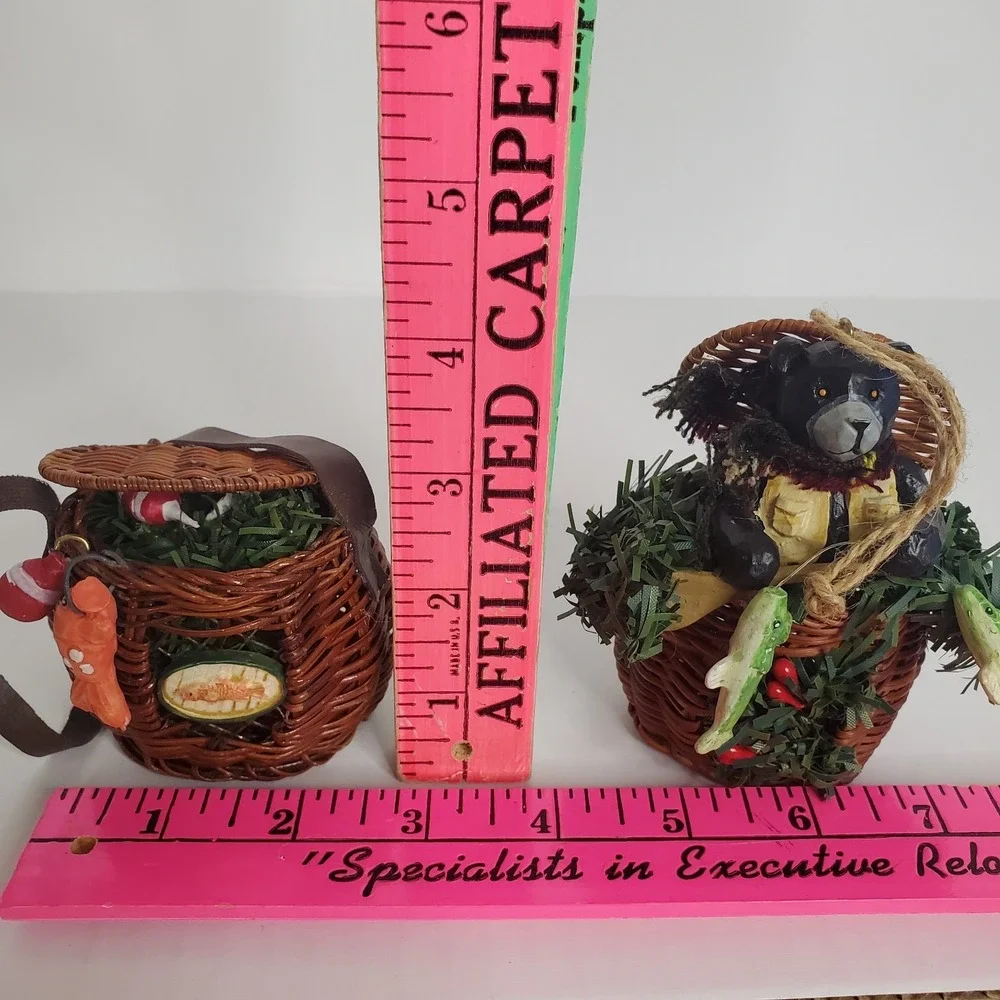 Christmas Tree Ornament Basket  Fishing Bear Fisherman Fish Theme Lot  Of 2
